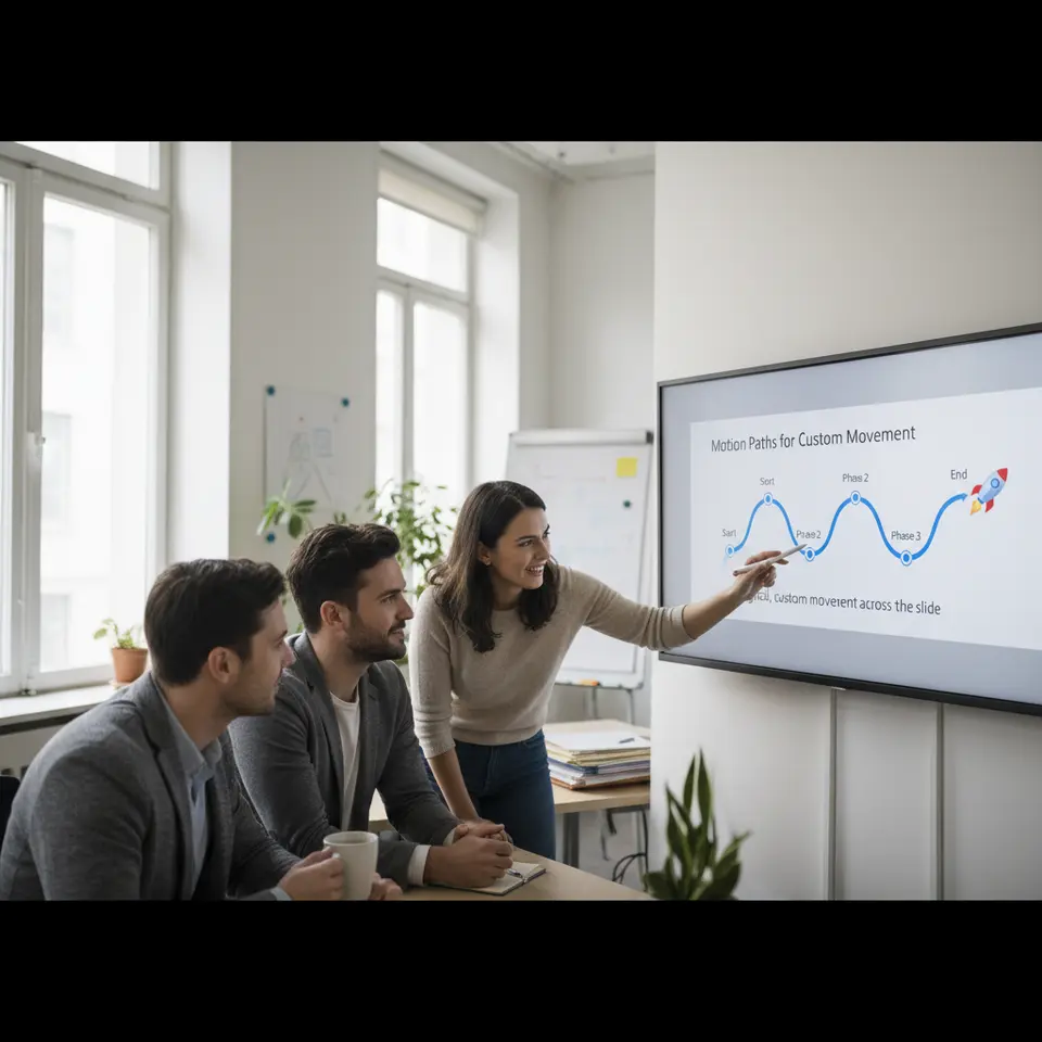 Motion Paths for Custom Movement: An illustrative slide showing a simple workflow or map with an icon following a smooth, curved arrow trajectory. Each node along the path is clearly marked, and the arrow’s easing curve is visible to emphasize logical, custom movement across the slide.