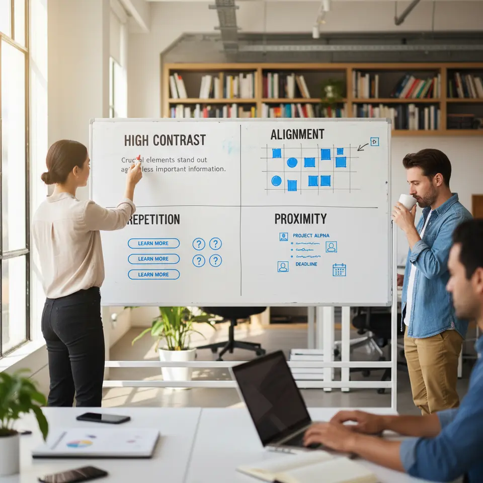 A four-quadrant diagram illustrating the Key Principles of Effective Visual Hierarchy: one quadrant showing high contrast (large bold headline next to light, small body text), another showing alignment (elements snapping to invisible gridlines), a third demonstrating repetition (consistent use of fonts, colors, and icon shapes), and the fourth displaying proximity (related text and icons grouped closely with clear spacing between groups)