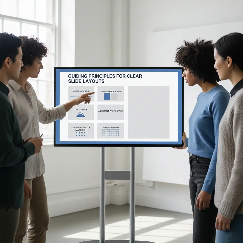 Guiding Principles for Clear Slide Layouts – A clean, minimalist slide mockup that visually labels key design principles: a single headline in sans-serif typography, a two-color palette, abundant white space, one high-quality image or icon, and grid-aligned elements.