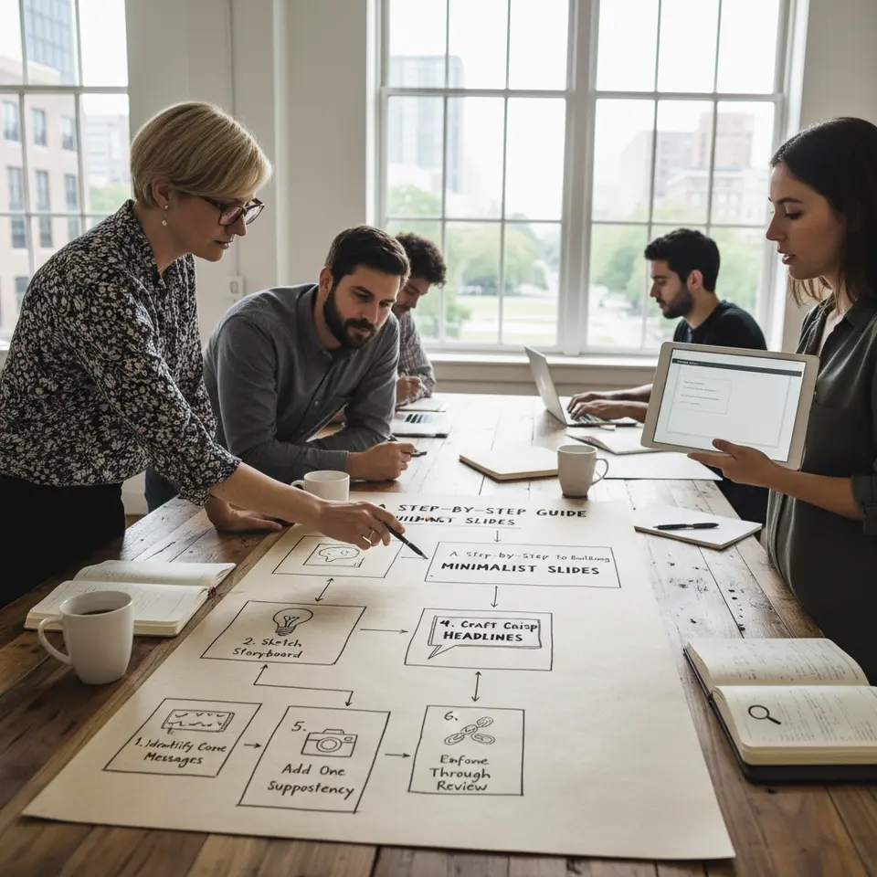 A Step-by-Step Guide to Building Minimalist Slides – A sequential storyboard or flowchart illustrating each numbered step (identify core messages, sketch storyboard, choose blank template, craft crisp headlines, add one supportive visual, enforce consistency, refine through review) with simple icons and minimal text.
