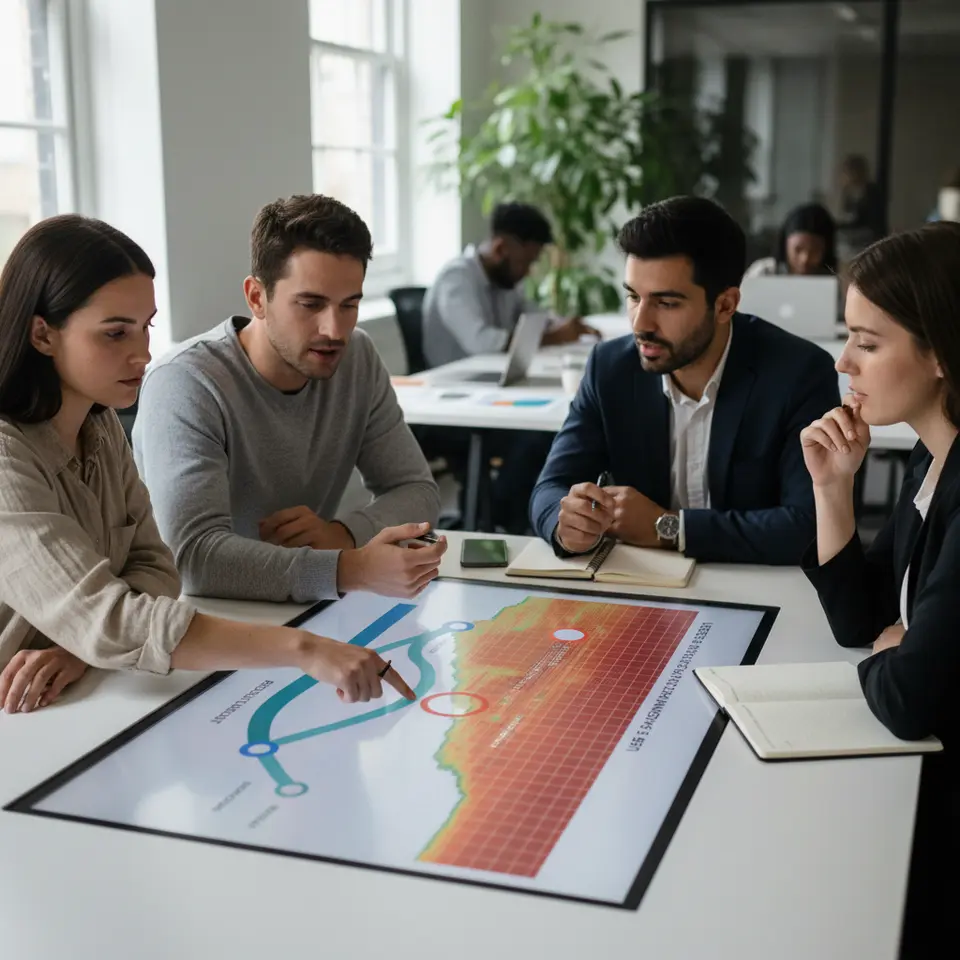 A narrative-driven data visualization slide: a timeline chart flows into a heat map, with key data points highlighted in a minimalist palette, showing an arc from introduction to climax and resolution.