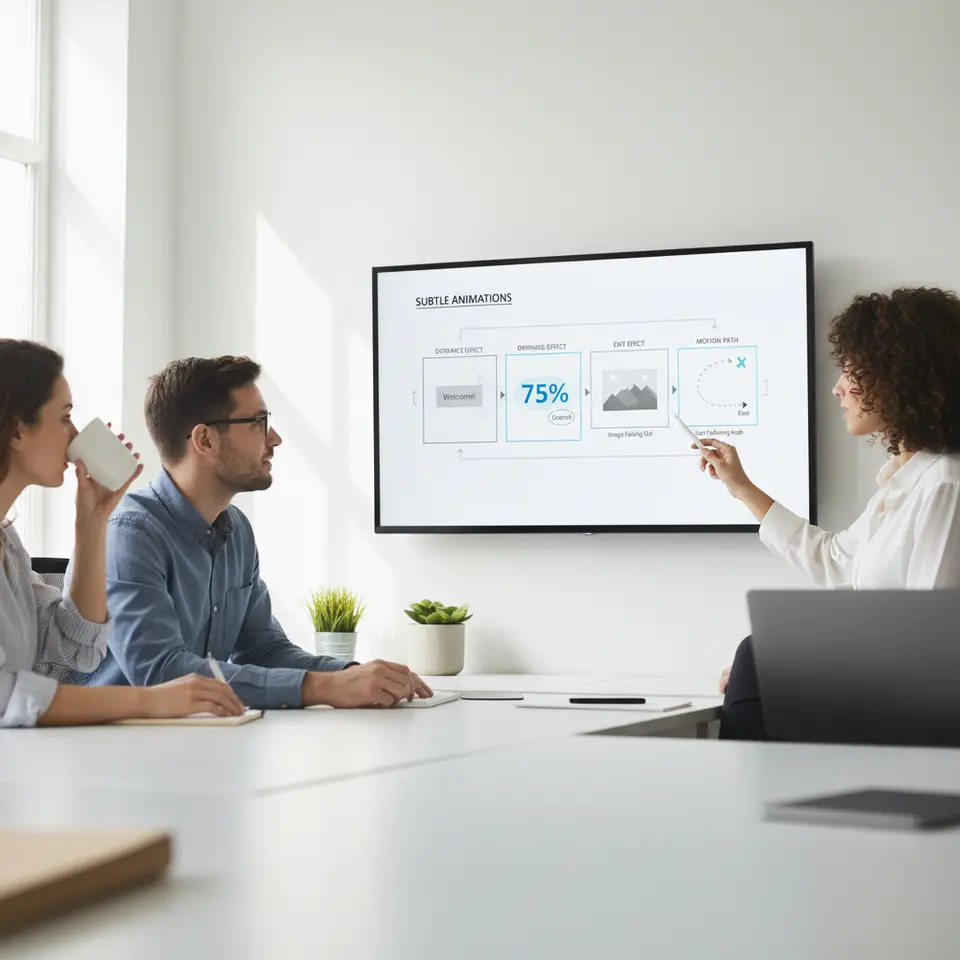 A clean presentation slide diagram showcasing the four main categories of subtle animations: an entrance effect with a text box fading in, an emphasis effect with a statistic gently pulsing, an exit effect with an image fading out, and a motion path illustration of an icon following a smooth curved arrow—each labeled and connected by discreet arrows on a minimalist background.