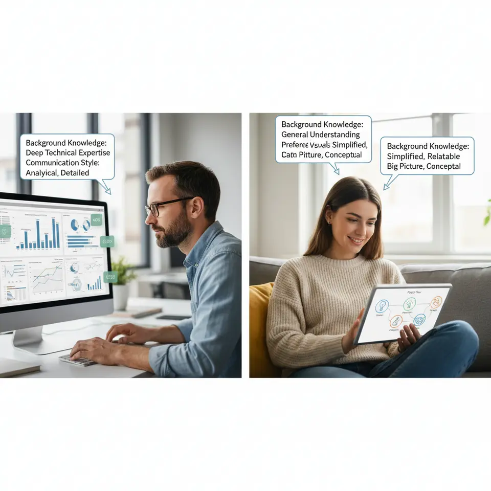 Split-screen illustration of two audience personas: on the left, a technical specialist reviewing a slide with well-labeled charts, data callouts, and code snippet icons; on the right, a lay audience member viewing a simplified diagram with relatable symbols and minimal text—each persona annotated with labels like “Background Knowledge,” “Preferred Visuals,” and “Communication Style.