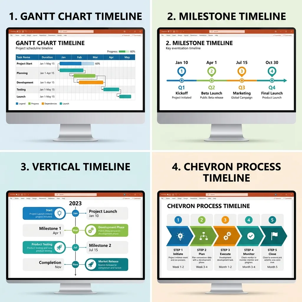 Comparison of Gantt chart, milestone, vertical, and chevron PowerPoint timeline templates.