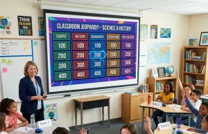 How to Build a Jeopardy PowerPoint Template “Interactive Jeopardy PowerPoint Template displayed on a presentation screen with quiz categories, clickable game board, and engaging classroom learning setup.”