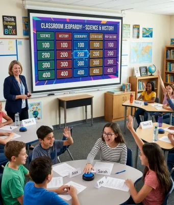 How to Build a Jeopardy PowerPoint Template “Interactive Jeopardy PowerPoint Template displayed on a presentation screen with quiz categories, clickable game board, and engaging classroom learning setup.”