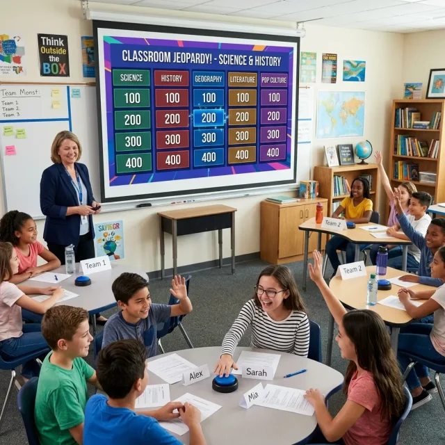 “Interactive Jeopardy PowerPoint Template displayed on a presentation screen with quiz categories, clickable game board, and engaging classroom learning setup.”