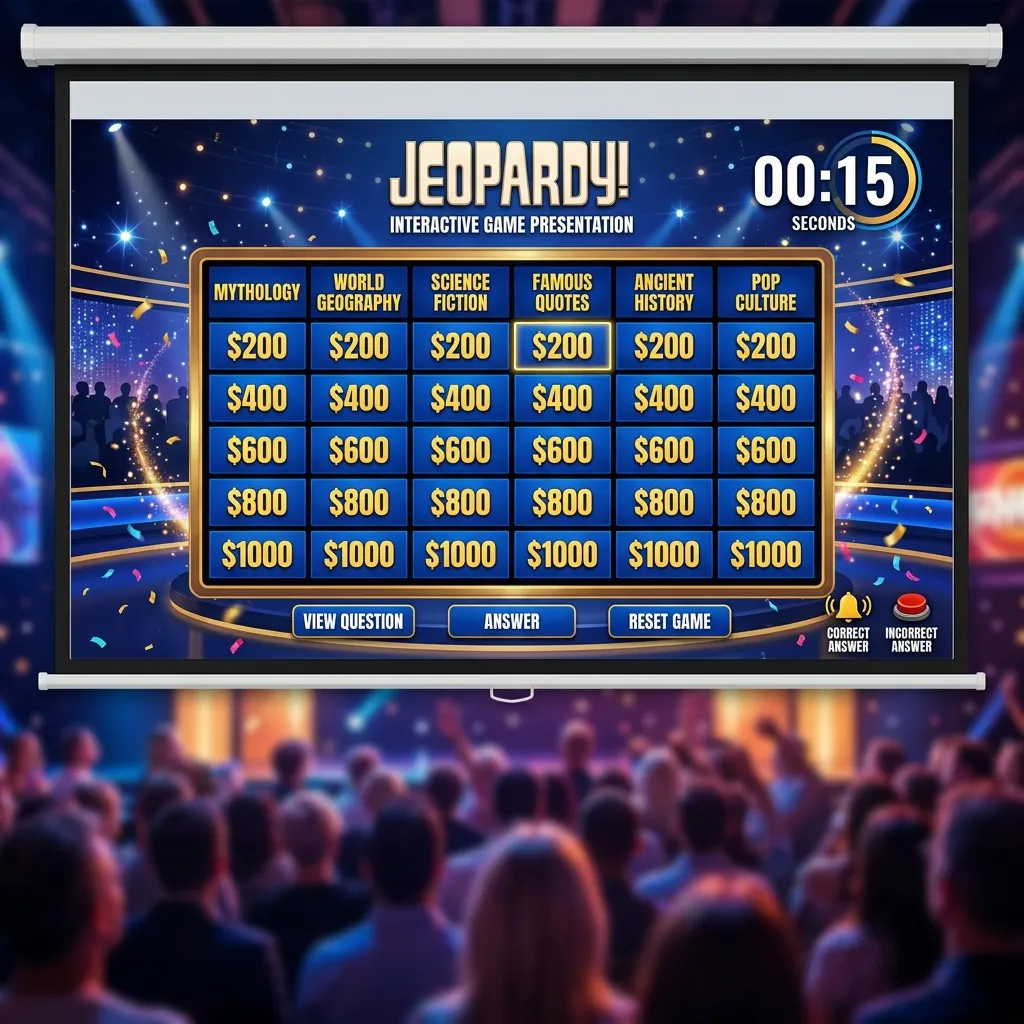 Interactive Jeopardy PowerPoint Template featuring multimedia elements, animations, countdown timer, and sound effects