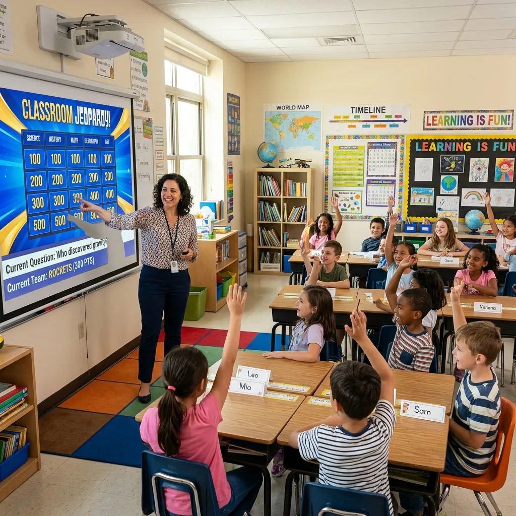 Teacher using a Jeopardy PowerPoint Template during an engaging classroom quiz competition.