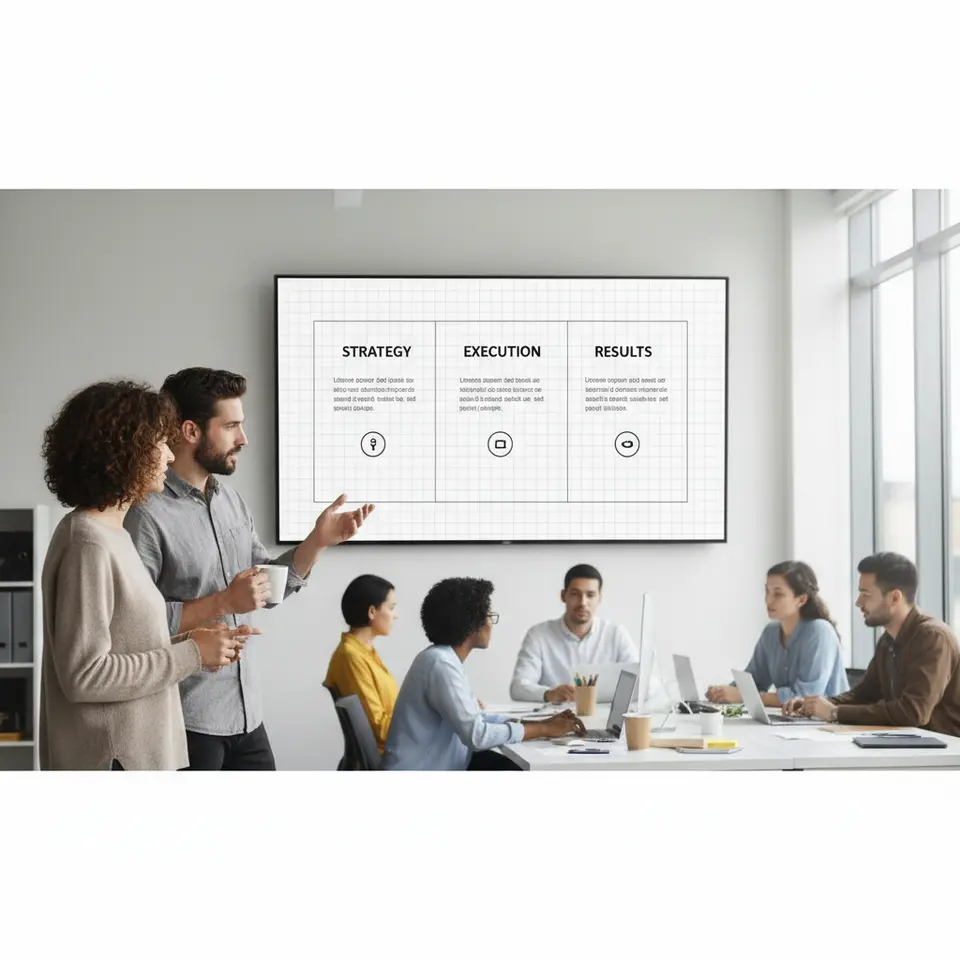 Grid Systems and Whitespace: A clean slide template rendered over a faint grid, showing two or three evenly spaced columns, clear headings, body text blocks, and icon placeholders. Generous white margins surround each element to illustrate breathing room and safe zones for both large screens and small mobile windows.