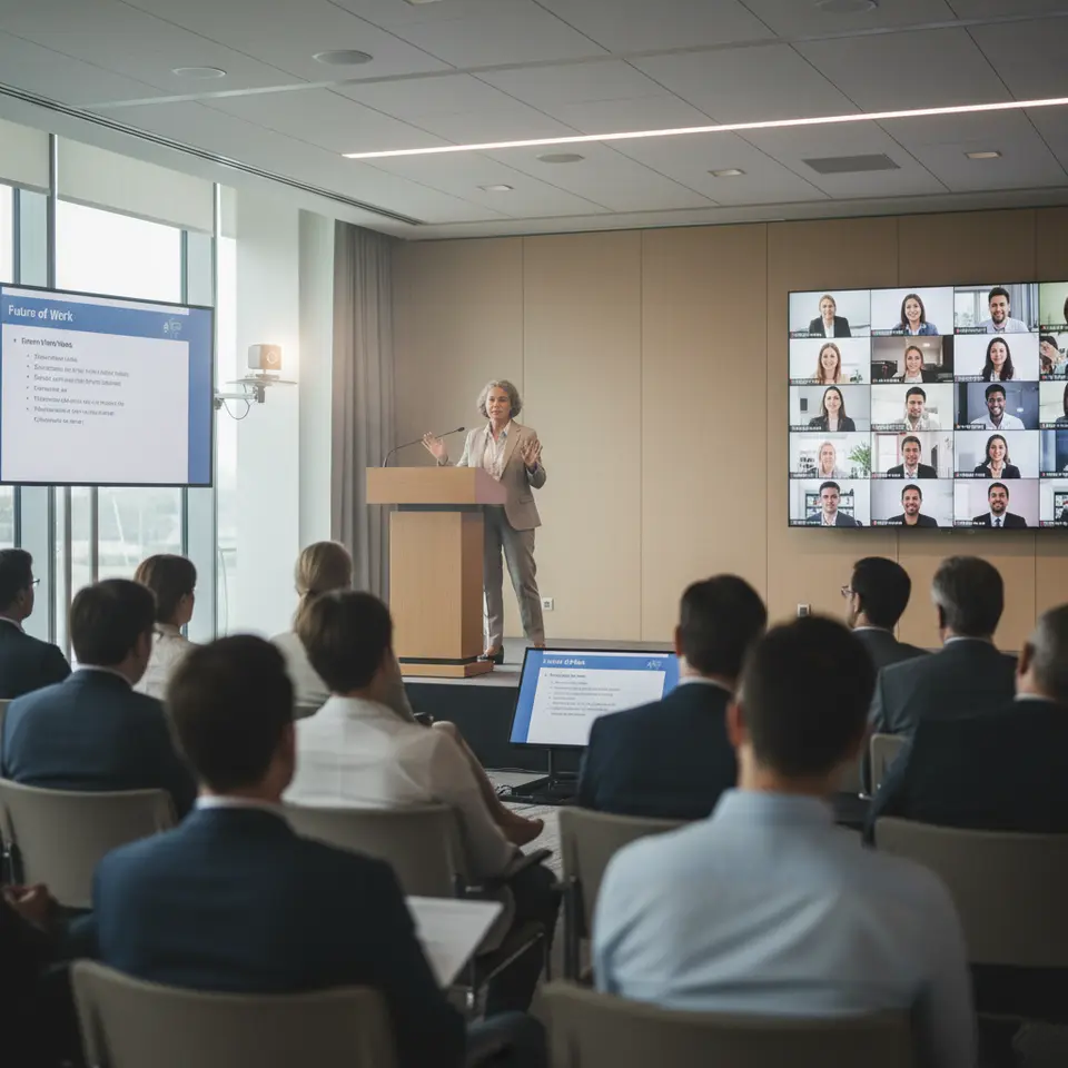 Camera Placement and Speaker Positioning: A hybrid presentation stage scene with a presenter at a podium, an eye-level webcam mounted beside a large projection screen displaying slides, and a confidence monitor at floor level. Include seated in-room attendees facing the speaker and a video wall showing remote participants in gallery view.